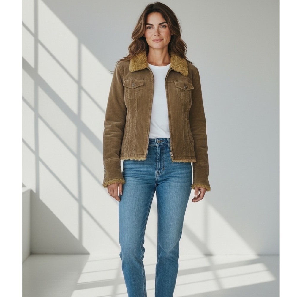 Sashimi Womens Tan Corduroy Faux Fur Trim Zip Up Jacket Size M Brown Boho Y2K